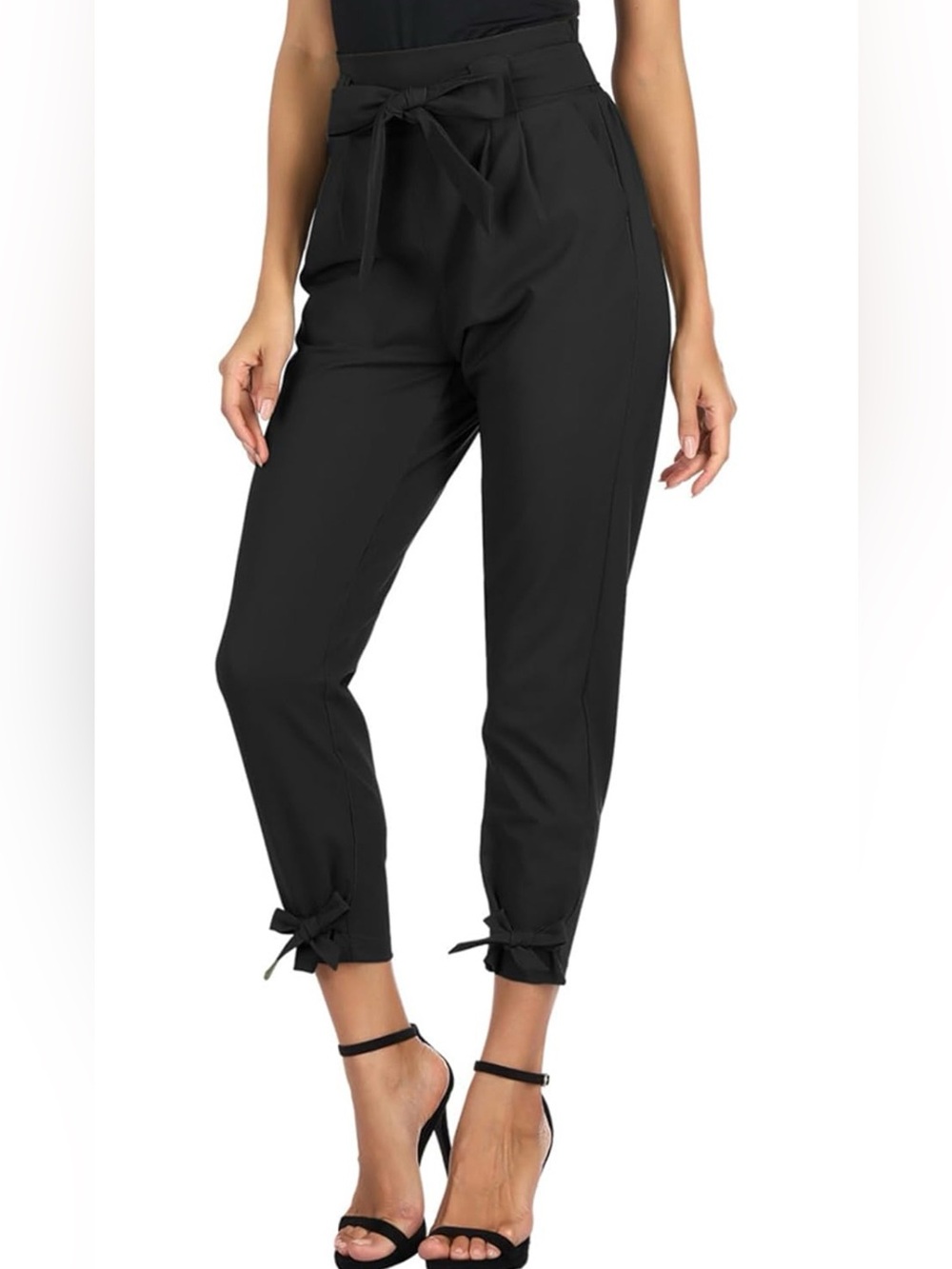 Grace Karin Black Cropped Tie-Waist Ankle Work Office Pants